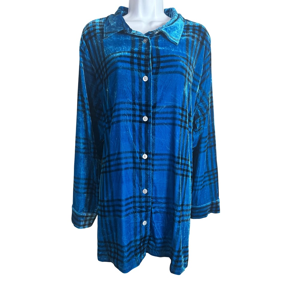 Soft Surroundings Blue Plaid Velvet Button Down Tunic Shirt Plus Size 1X 2GU95